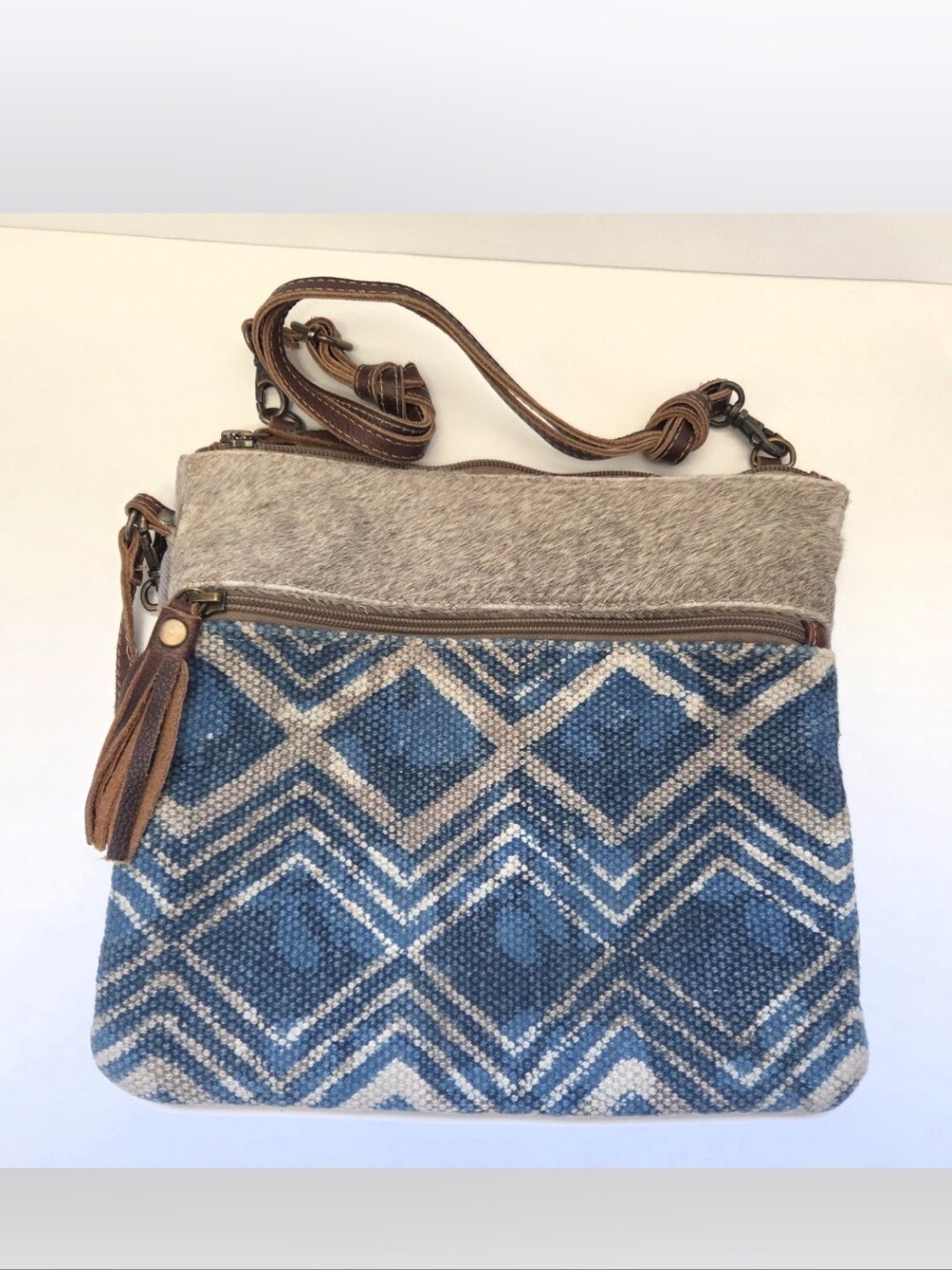 Myra Bag - Leather & Canvas Purse Blue and Cream Ikat Pattern